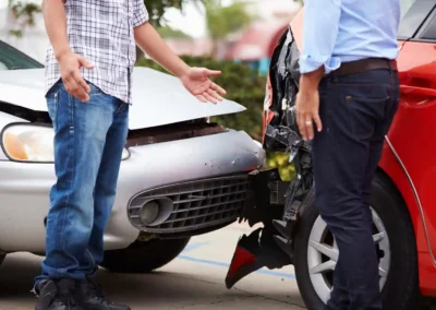 Two men stand next to cars with visible front and rear-end damage after a collision, having a discussion at the accident scene.