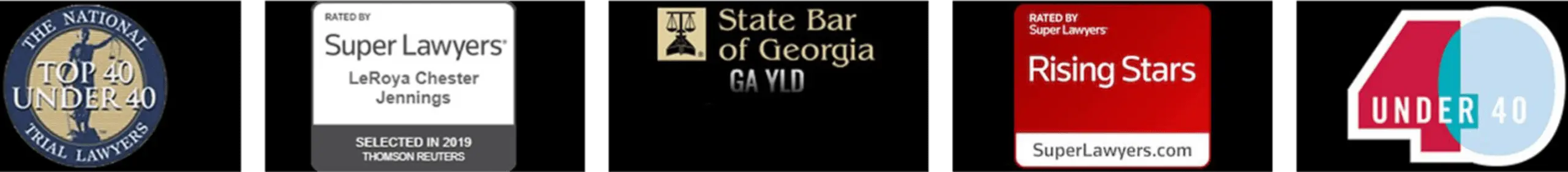 Four award and recognition badges for legal professionals, including Super Lawyers, State Bar of Georgia, Rising Stars, and 40 Under 40.